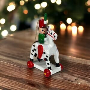 Vintage Wooden Christmas Ornament Toy Soldier on a Rolling Horse